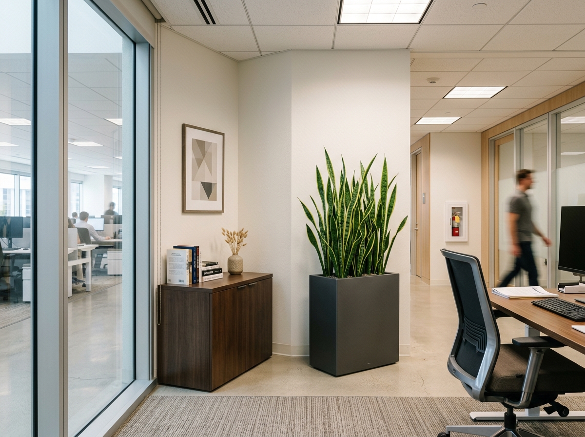 A tall Snake Plant in a sleek rectangular planter standing in a modern office corner - best plants for offices