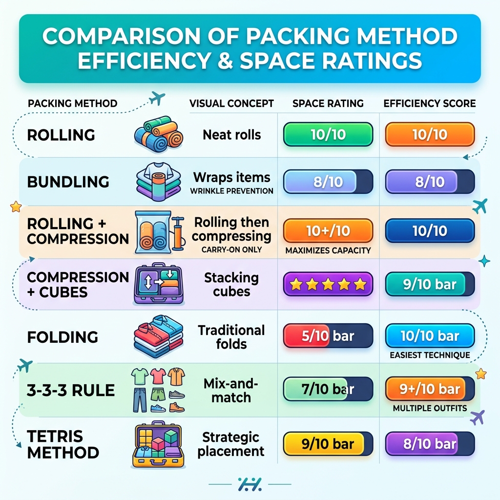 Infographic showing packing method efficiency scores and space ratings comparison chart - best packing method infographic Infographic showing packing method efficiency scores and space ratings comparison chart - best packing method infographic
