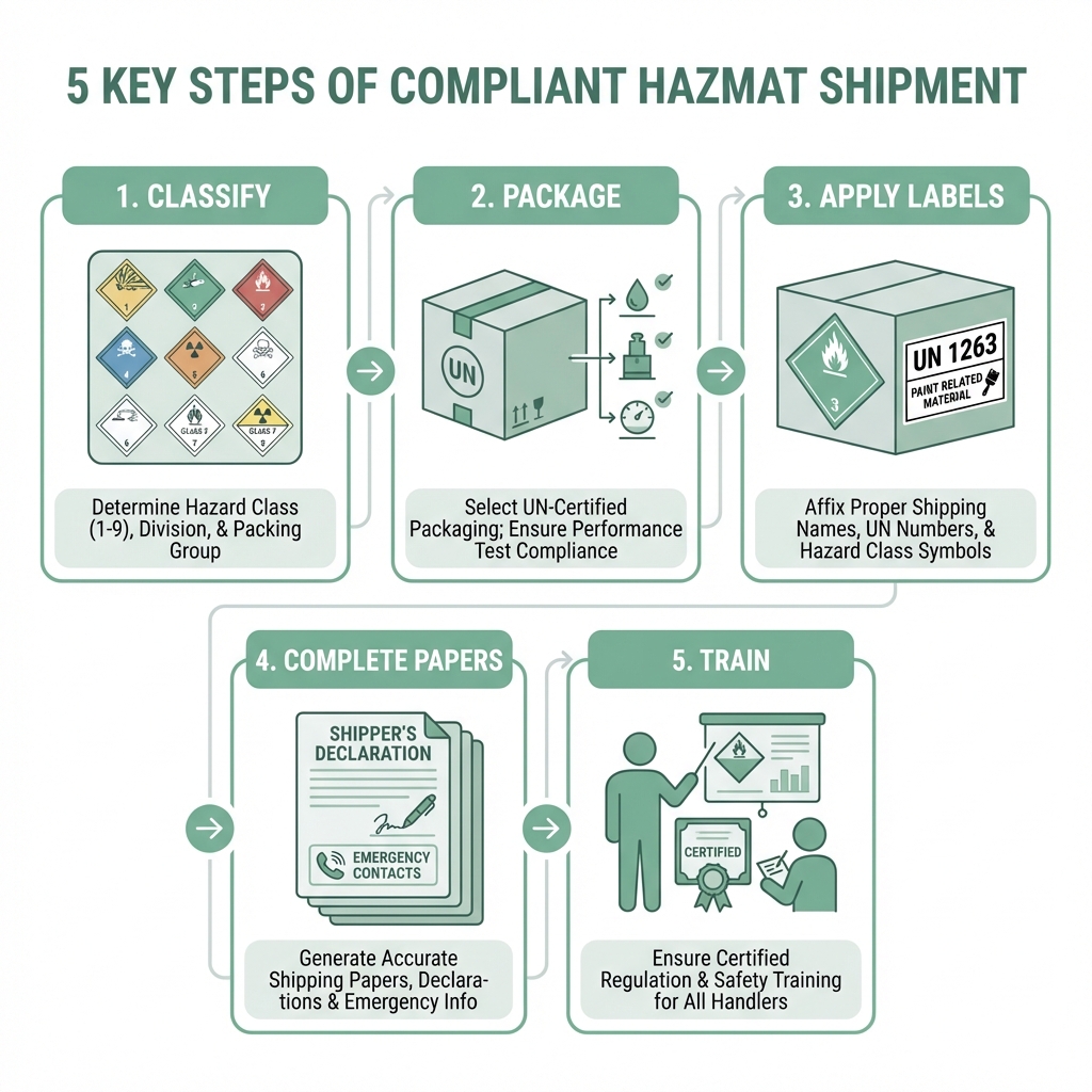 Infographic explaining the 5 key steps of compliant hazmat shipment: Step 1 - Classify your dangerous goods using the 9 hazard classes and determine packing group; Step 2 - Select UN-certified packaging that passes required performance tests; Step 3 - Apply proper labels showing hazard class symbols and UN numbers; Step 4 - Complete shipping papers including Shipper's Declaration and emergency contacts; Step 5 - Ensure all handlers receive certified training on regulations and safety - hazmat shipping infographic Infographic explaining the 5 key steps of compliant hazmat shipment: Step 1 - Classify your dangerous goods using the 9 hazard classes and determine packing group; Step 2 - Select UN-certified packaging that passes required performance tests; Step 3 - Apply proper labels showing hazard class symbols and UN numbers; Step 4 - Complete shipping papers including Shipper's Declaration and emergency contacts; Step 5 - Ensure all handlers receive certified training on regulations and safety - hazmat shipping infographic