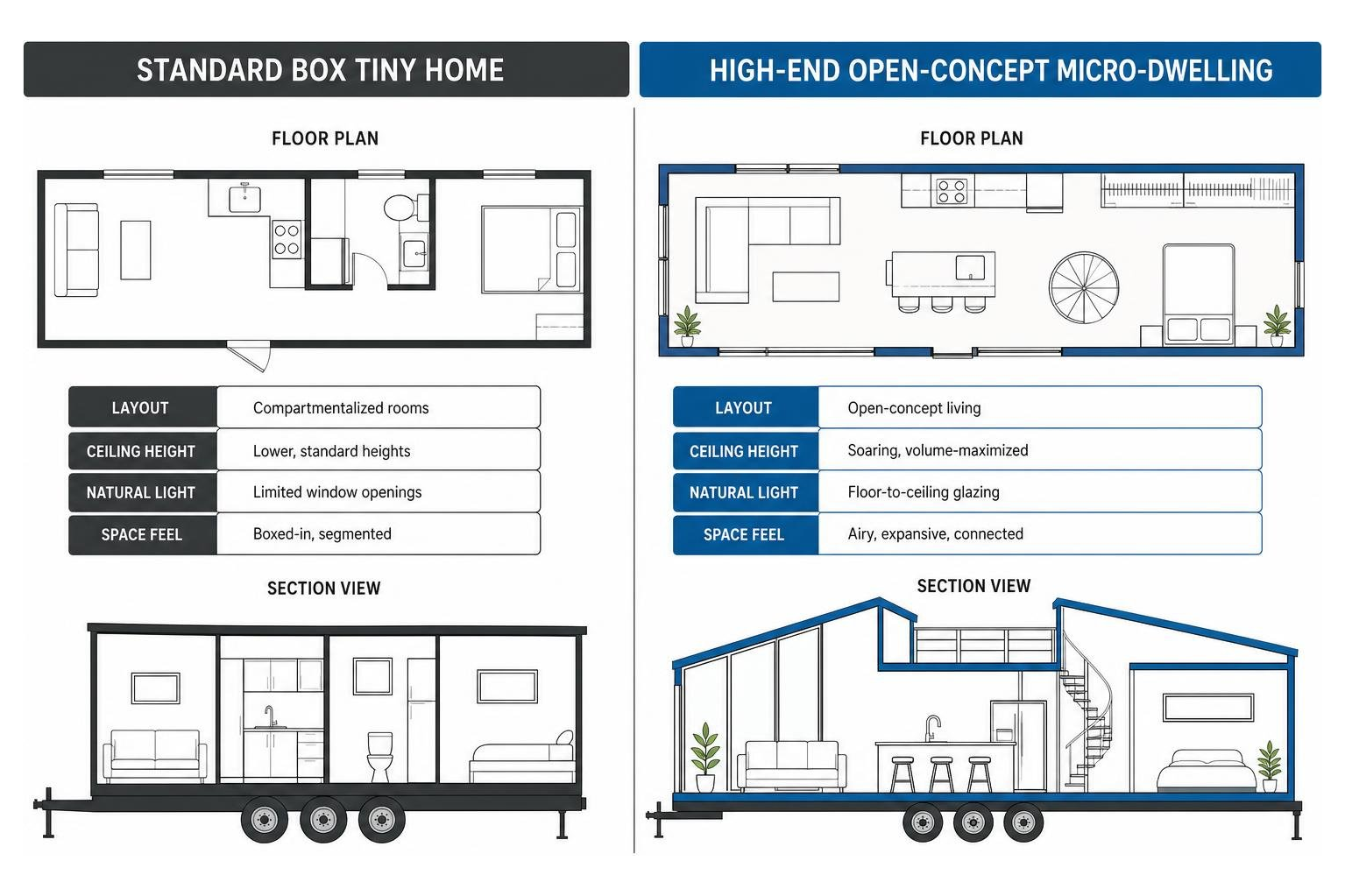 Architectural comparison of standard box versus high-end open-concept micro-dwelling