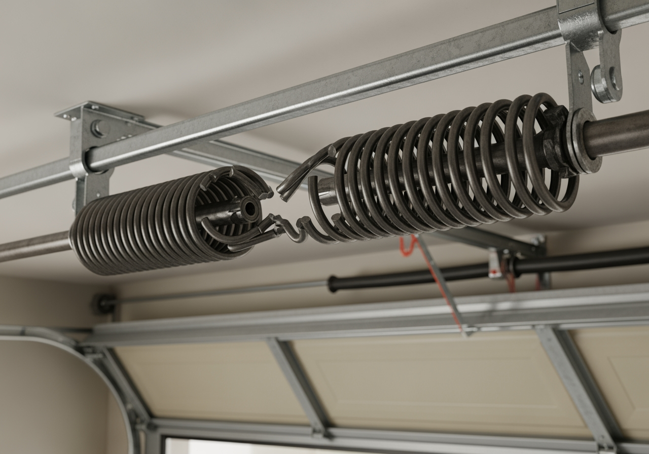 Broken torsion spring with a clear gap in the coils - garage door torsion spring