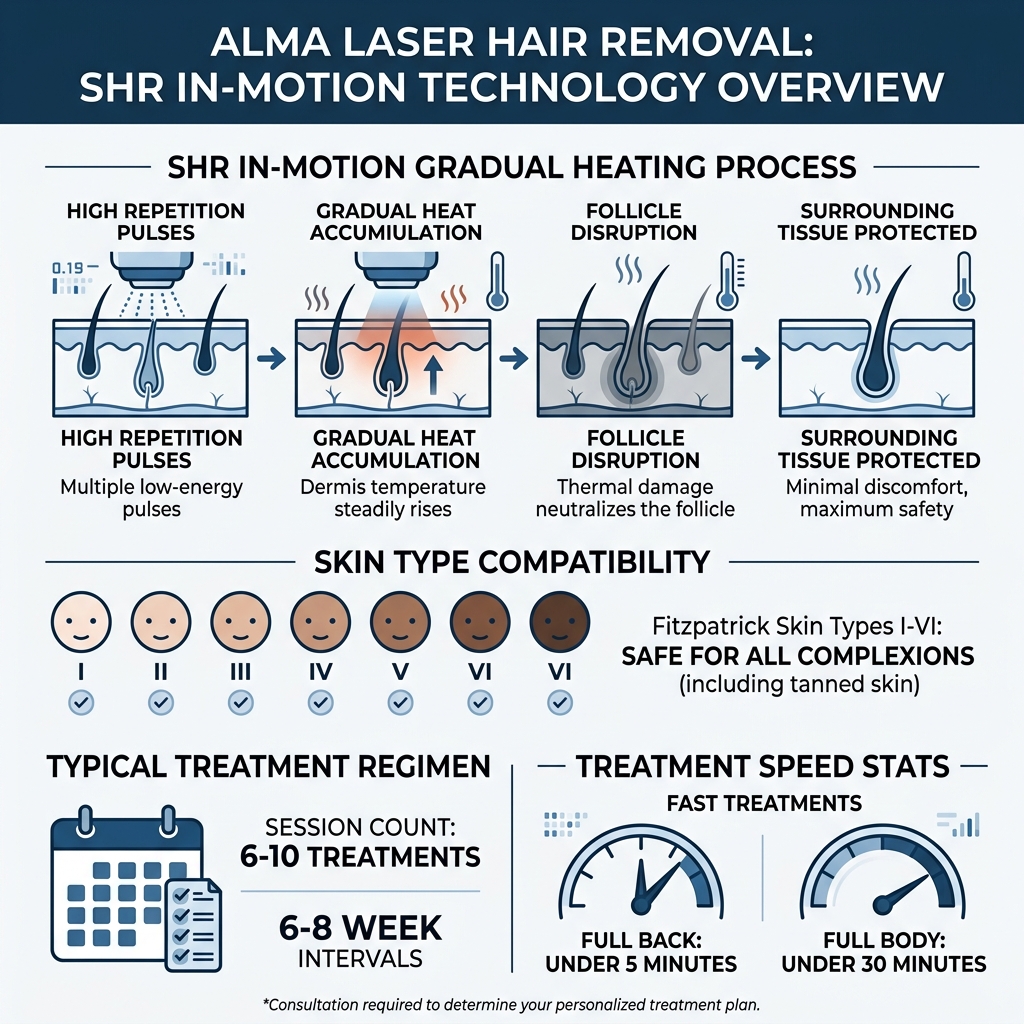 Infographic: SHR In-Motion gradual heating process steps, skin type compatibility I-VI, session count, and speed stats Infographic: SHR In-Motion gradual heating process steps, skin type compatibility I-VI, session count, and speed stats