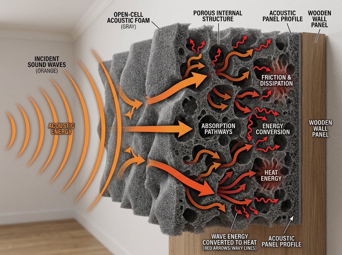 sound waves hitting a foam surface and being absorbed into the porous structure - acoustic panels bedroom noise