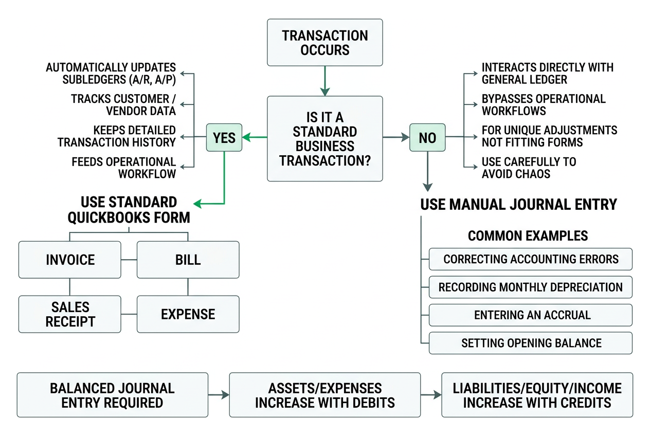 Workflow showing when to use standard documents versus manual journal entries