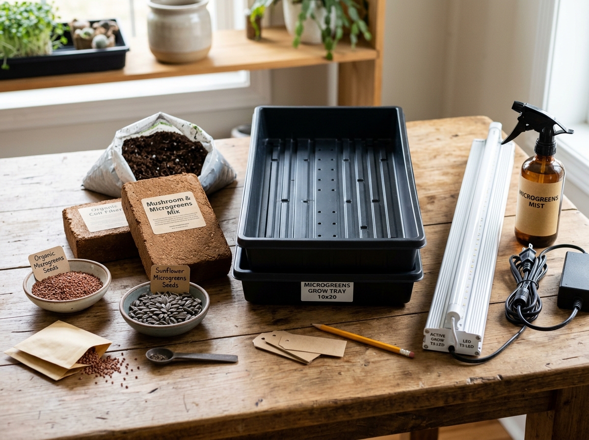 Itemized growing supplies including seeds, coco coir bricks, 10x20 trays, and LED lights - microgreens tray cost breakdown