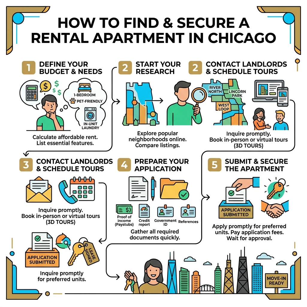 Step-by-step infographic: how to find and secure a rental apartment in Chicago - apartments for rent in chicago infographic 