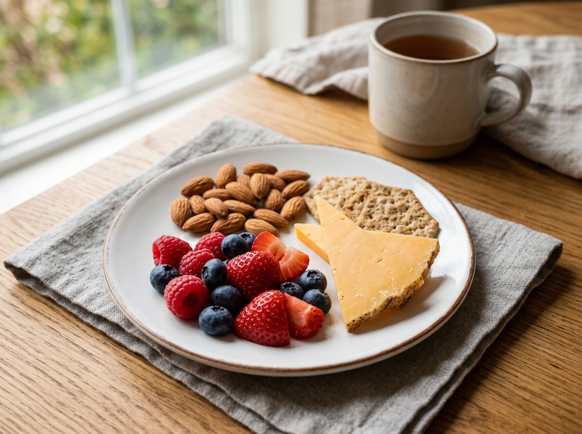 A balanced snack plate featuring almonds, fresh berries, and a slice of cheese - wellness snack ideas