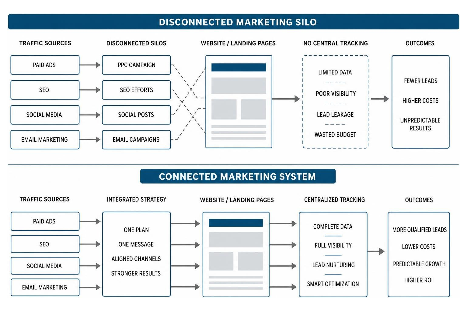 Comparison diagram showing the difference between a disconnected marketing silo and a connected marketing system