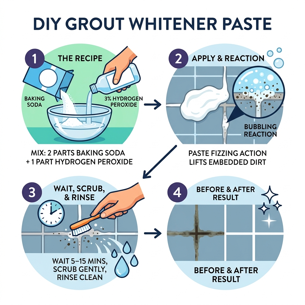 Infographic showing baking soda and hydrogen peroxide paste recipe, bubbling reaction, and step-by-step grout whitening