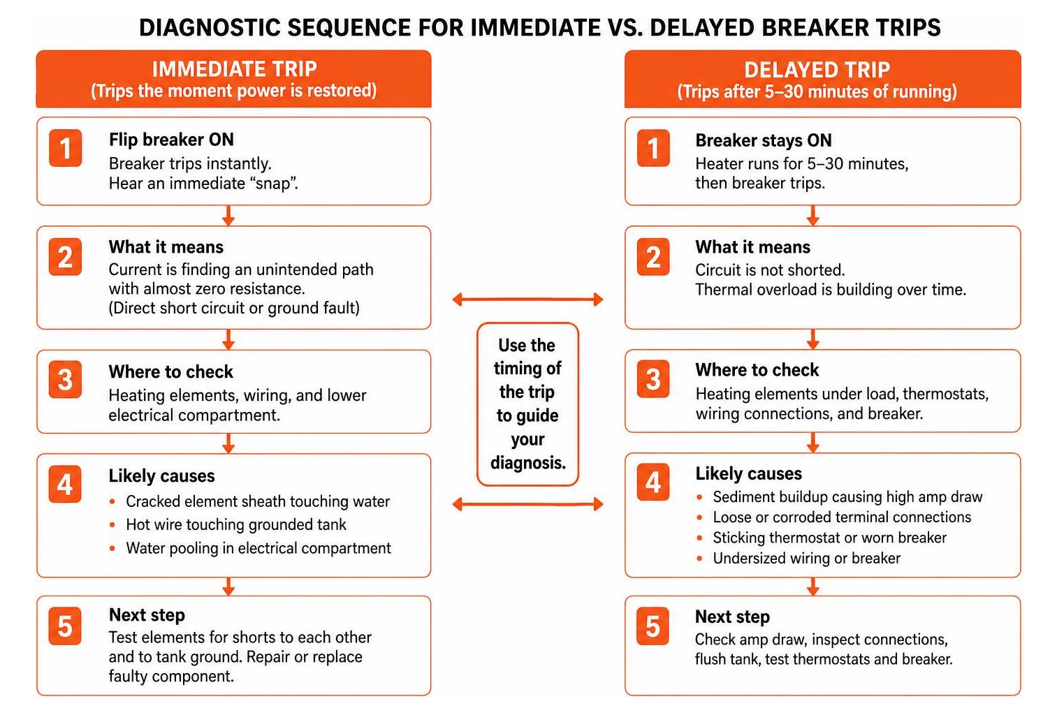 Diagnostic sequence for immediate versus delayed breaker trips Diagnostic sequence for immediate versus delayed breaker trips