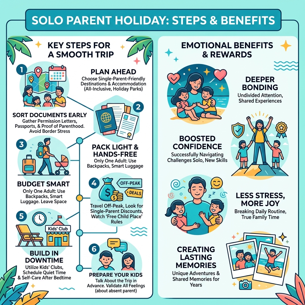 Key steps and emotional benefits of going on holiday as a single parent infographic - going on holiday as a single parent