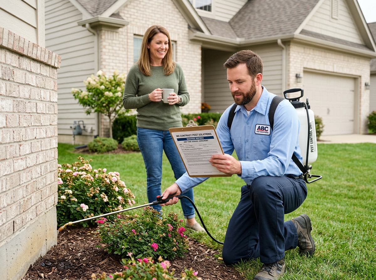 Professional technician inspecting a home perimeter for pests - No contract pest solutions