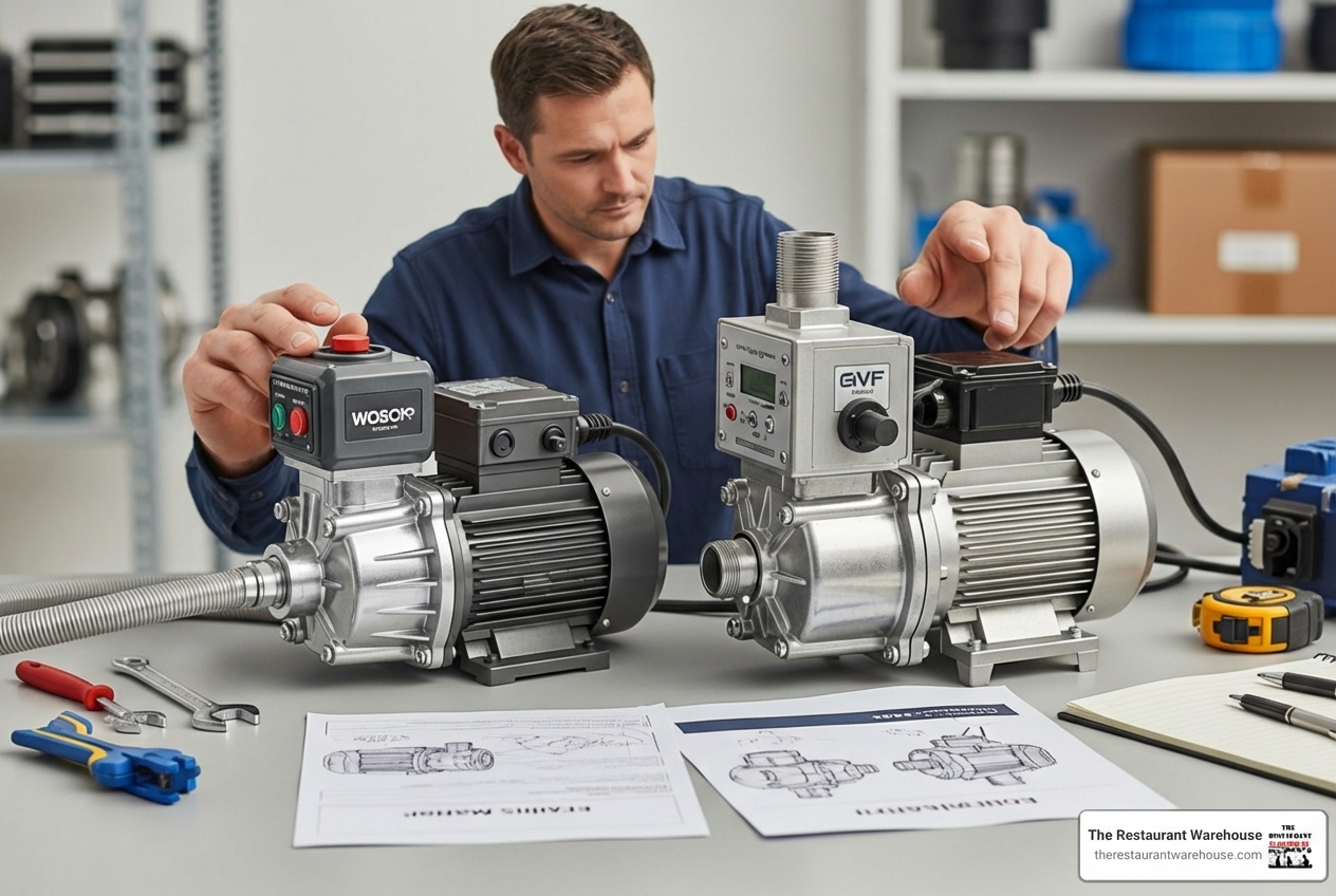 person comparing two different types of external drain pumps - ice machine drain pump