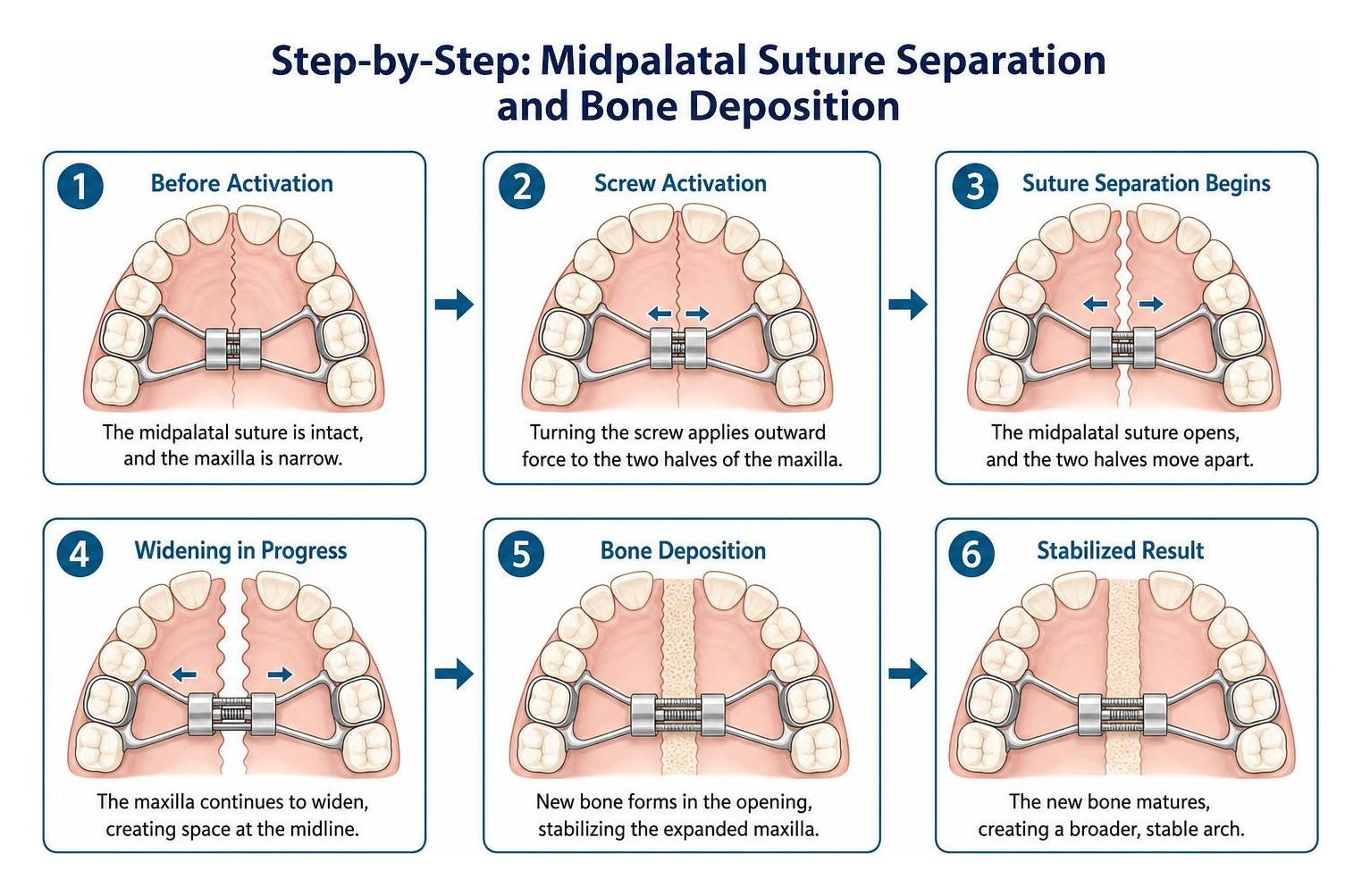 Step by step process of midpalatal suture separation and bone deposition Step by step process of midpalatal suture separation and bone deposition