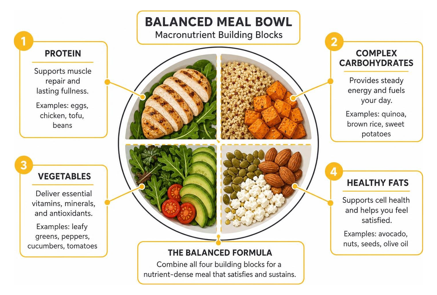 Diagram showing the macronutrient building blocks of a balanced meal bowl