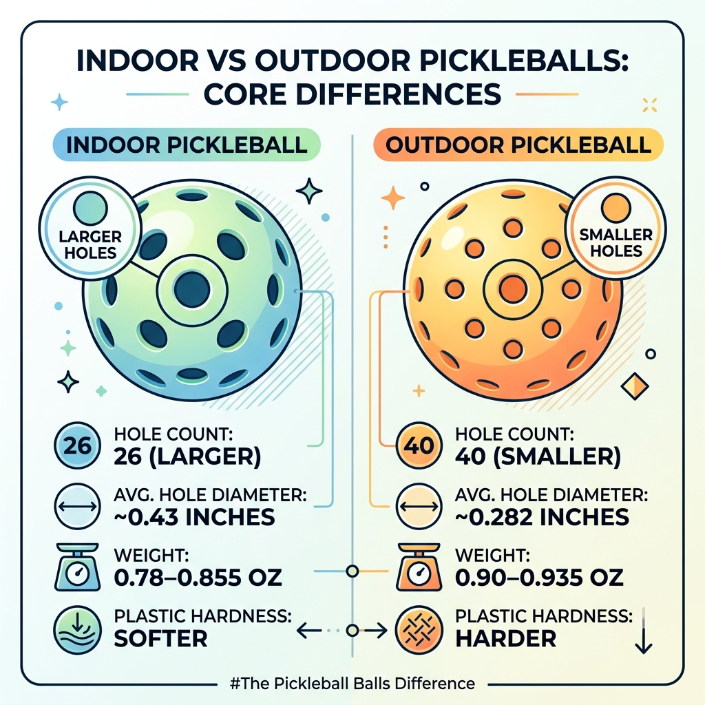 infographic showing indoor vs outdoor pickleball hole size, hole count, weight, and hardness comparison - pickleball balls