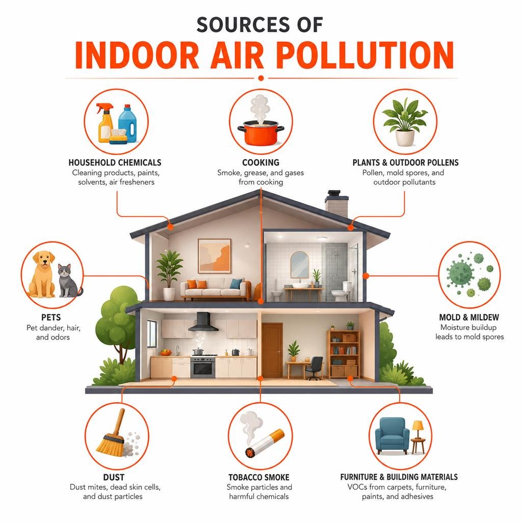 infographic explaining the sources of indoor air pollution infographic
