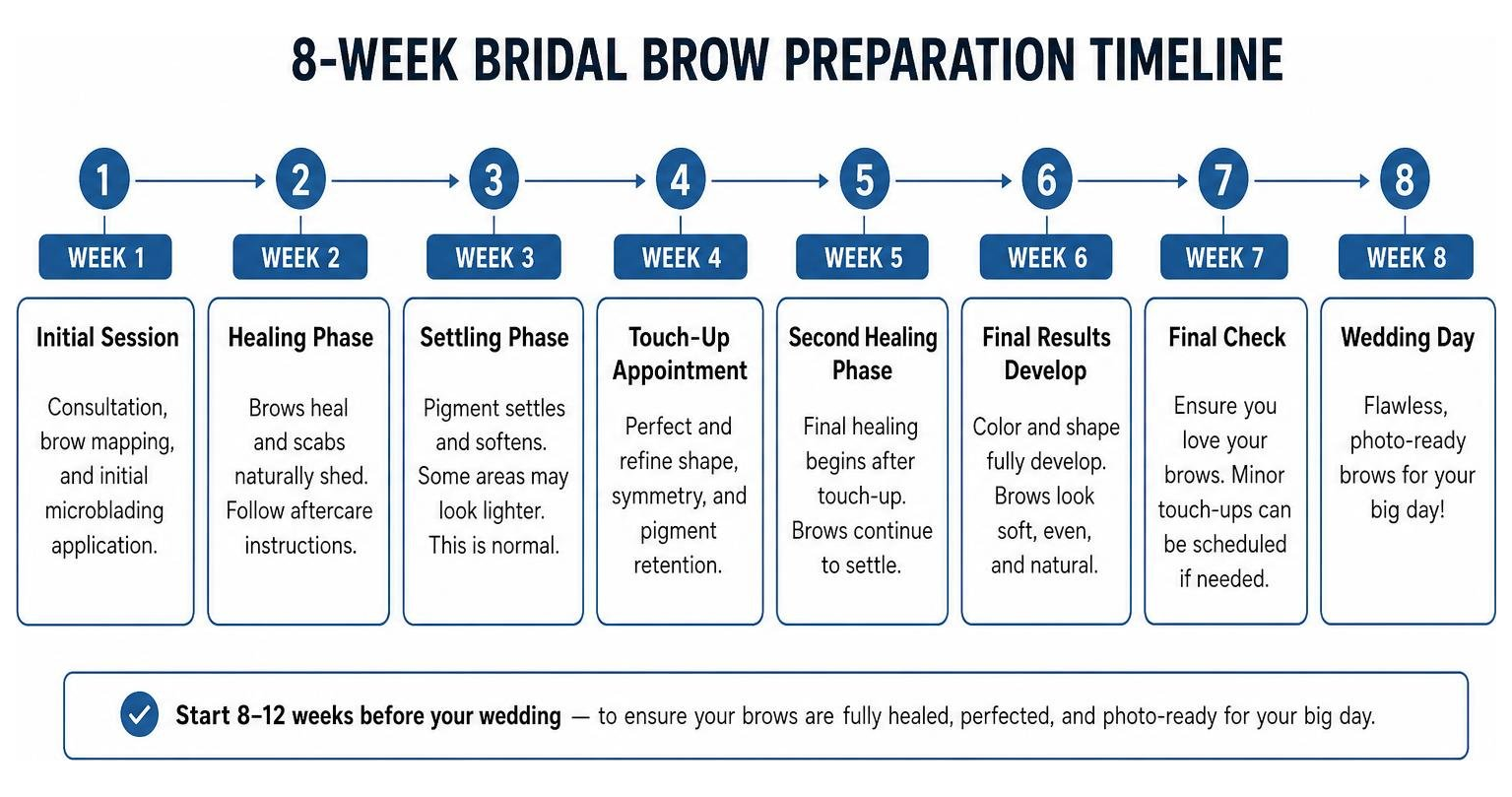 Diagram of the 8-week bridal brow preparation timeline