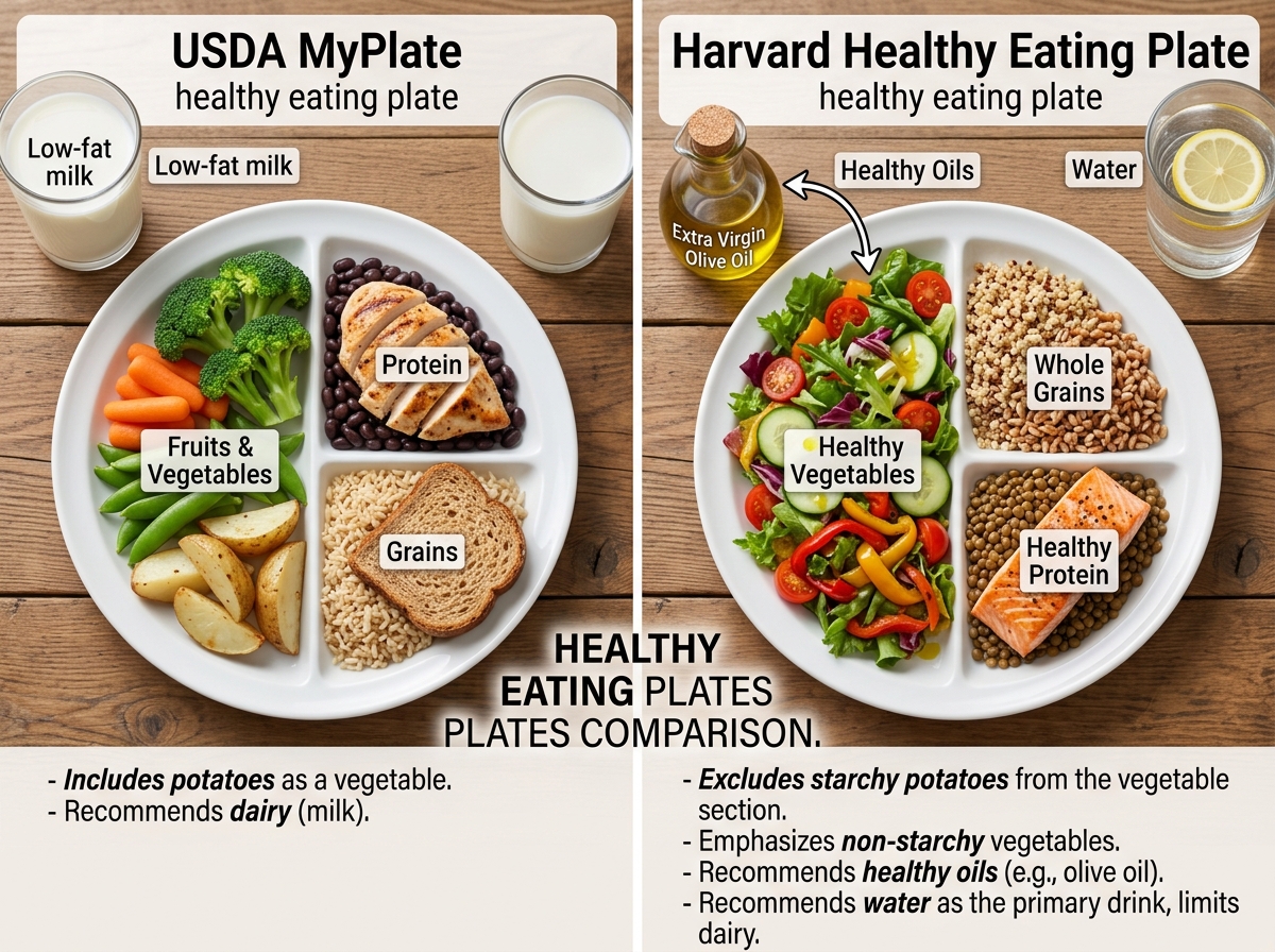 Comparison of MyPlate and Harvard Healthy Eating Plate models showing slight variations in oil and potato recommendations