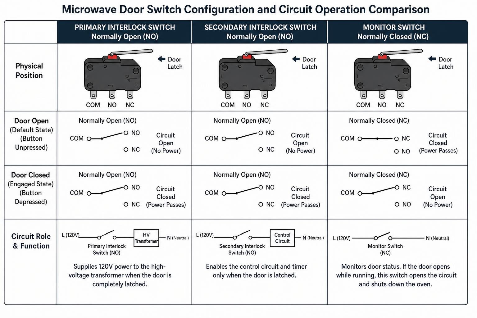 Microwave door switch configuration and circuit operation comparison