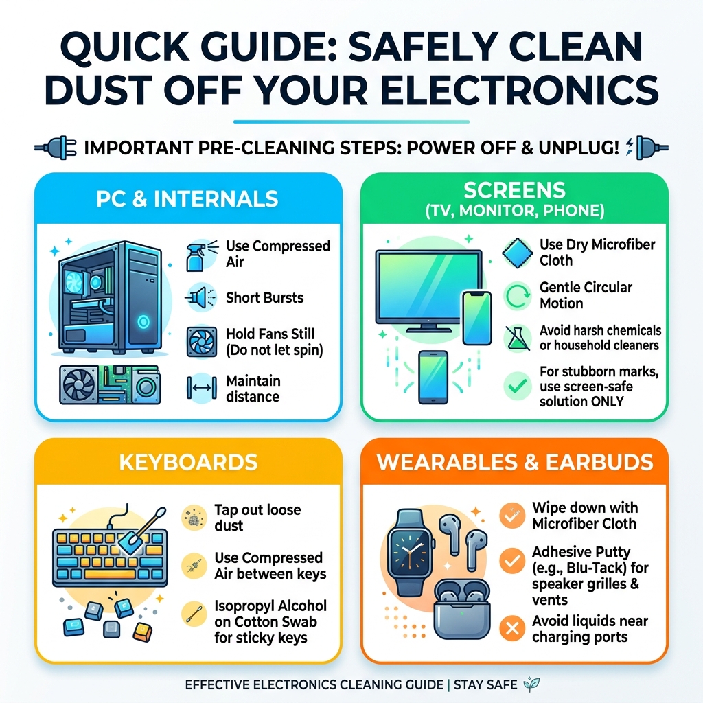 Quick guide infographic showing best ways to clean dust off different electronics safely - best way to clean dust off