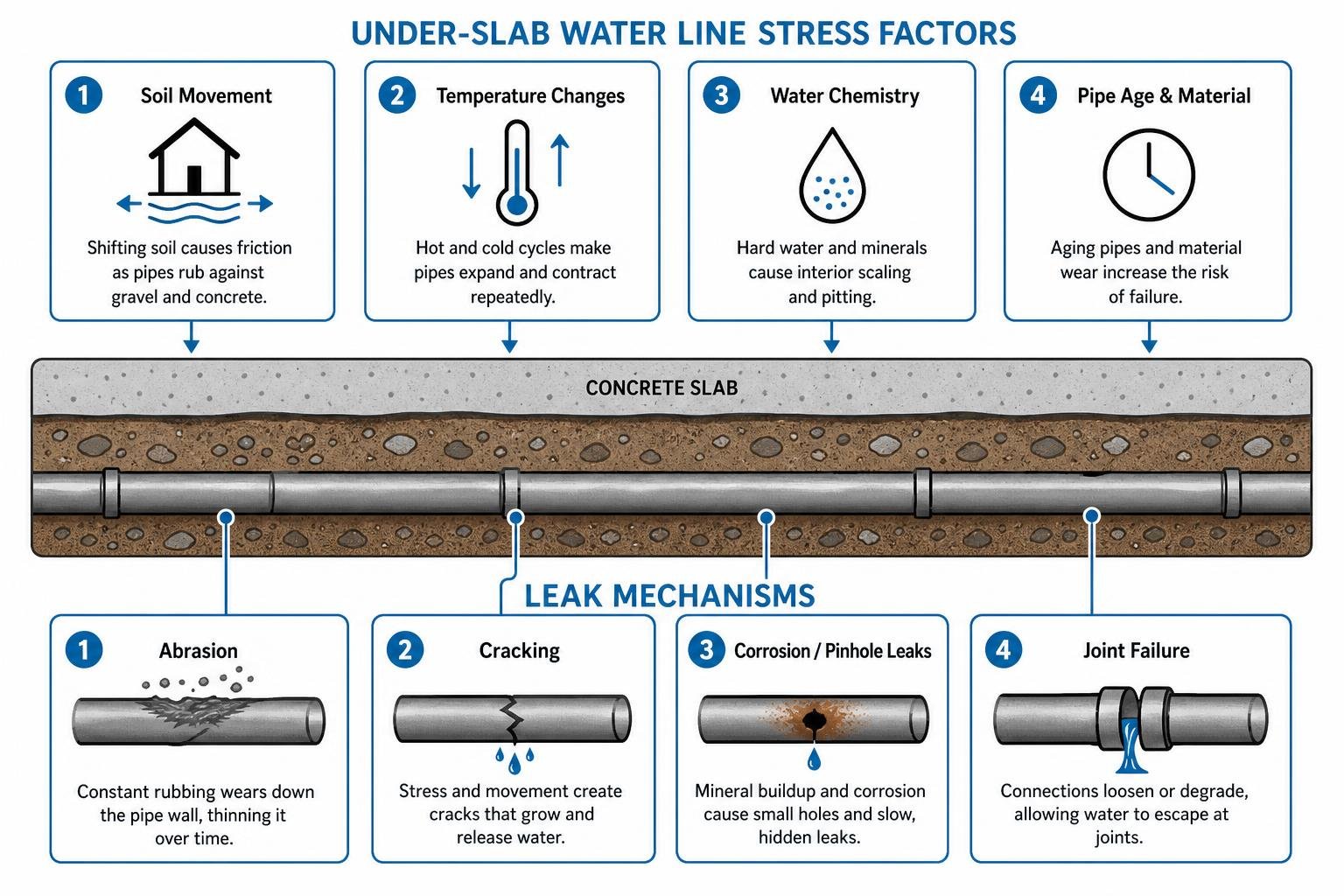 Under-slab water line stress factors and leak mechanisms Under-slab water line stress factors and leak mechanisms