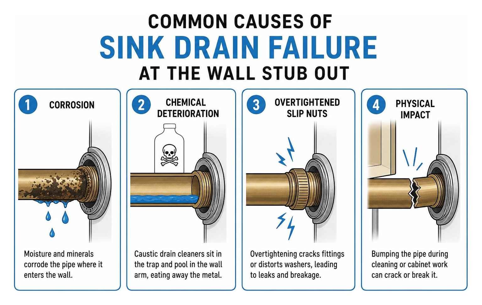 Common causes of sink drain failure at the wall stub out Common causes of sink drain failure at the wall stub out