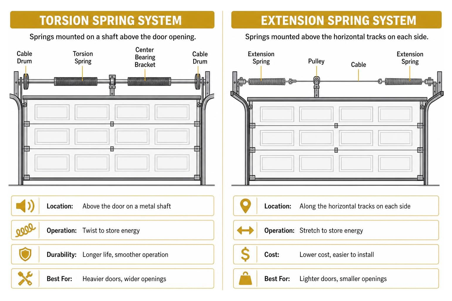 diagram of torsion spring vs extension spring systems