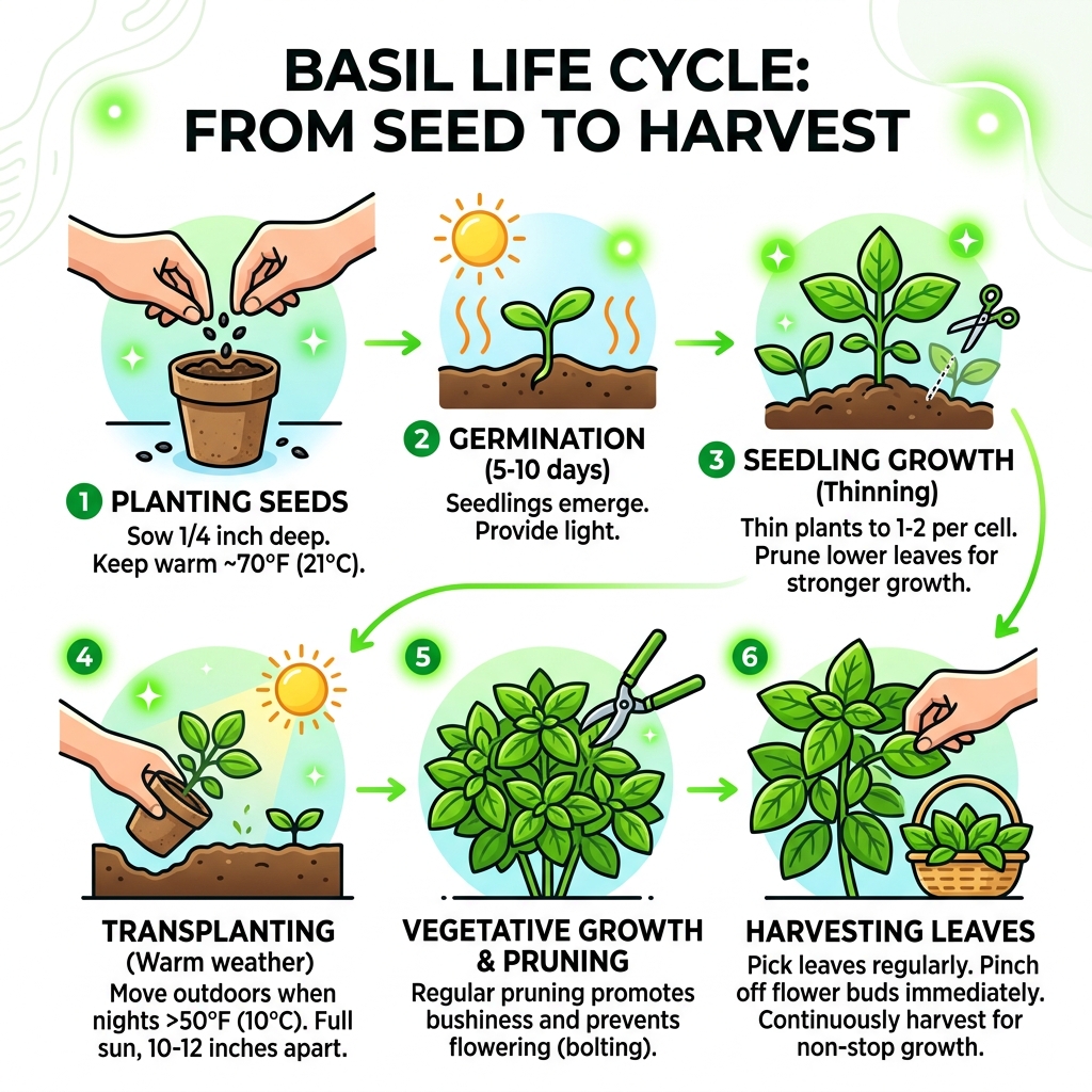 Basil life cycle from seed to harvest infographic - basil seeds planting instructions infographic 