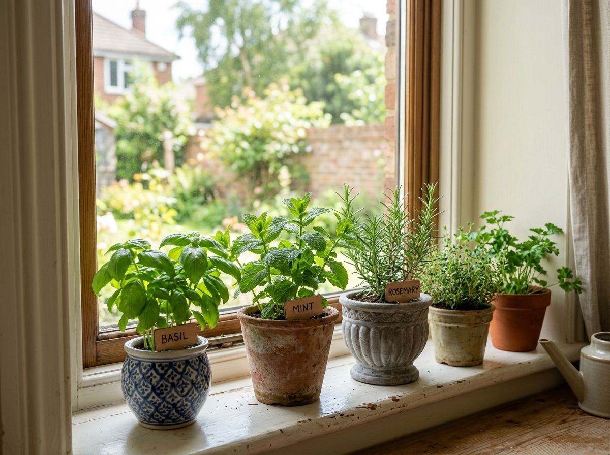 A variety of herb varieties like basil, mint, and rosemary in small decorative pots - growing herbs in pots indoors A variety of herb varieties like basil, mint, and rosemary in small decorative pots - growing herbs in pots indoors
