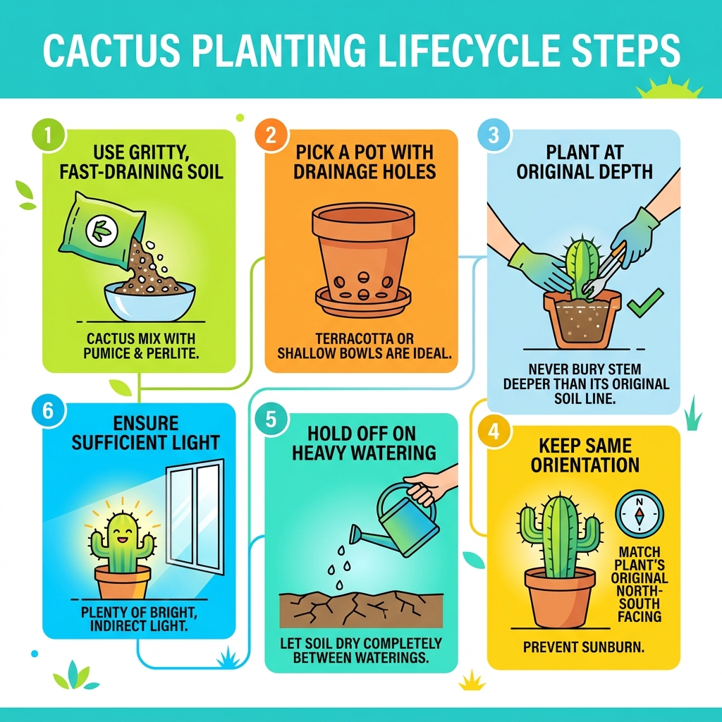 Cactus planting lifecycle infographic: soil, pot, depth, orientation, watering, and light steps - cactus planting tips