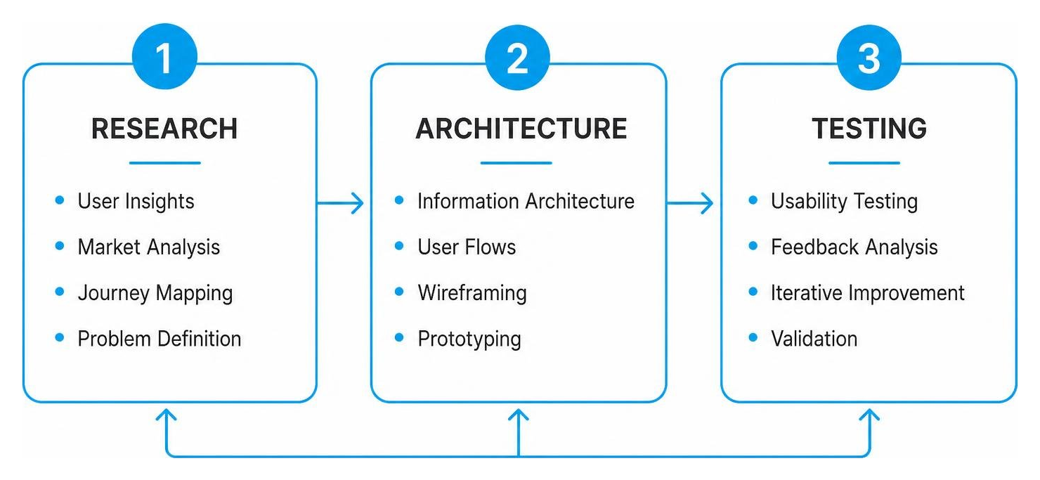 Core components of professional UX design services including research, architecture, and testing