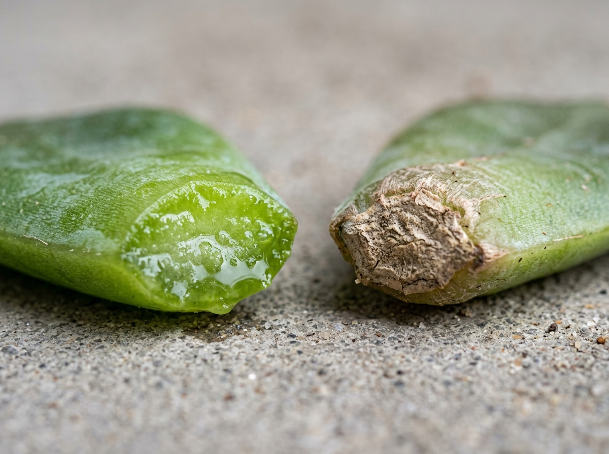 Comparison of succulent leaf ends showing calloused dry scabs versus fresh wet cuts - how long to propagate succulent leaf