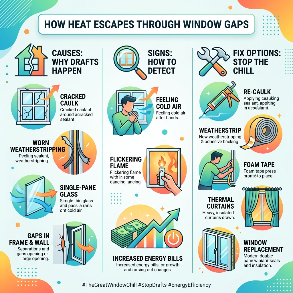 How heat escapes through window gaps — causes, signs, and fix options infographic - draft coming in through windows How heat escapes through window gaps — causes, signs, and fix options infographic - draft coming in through windows