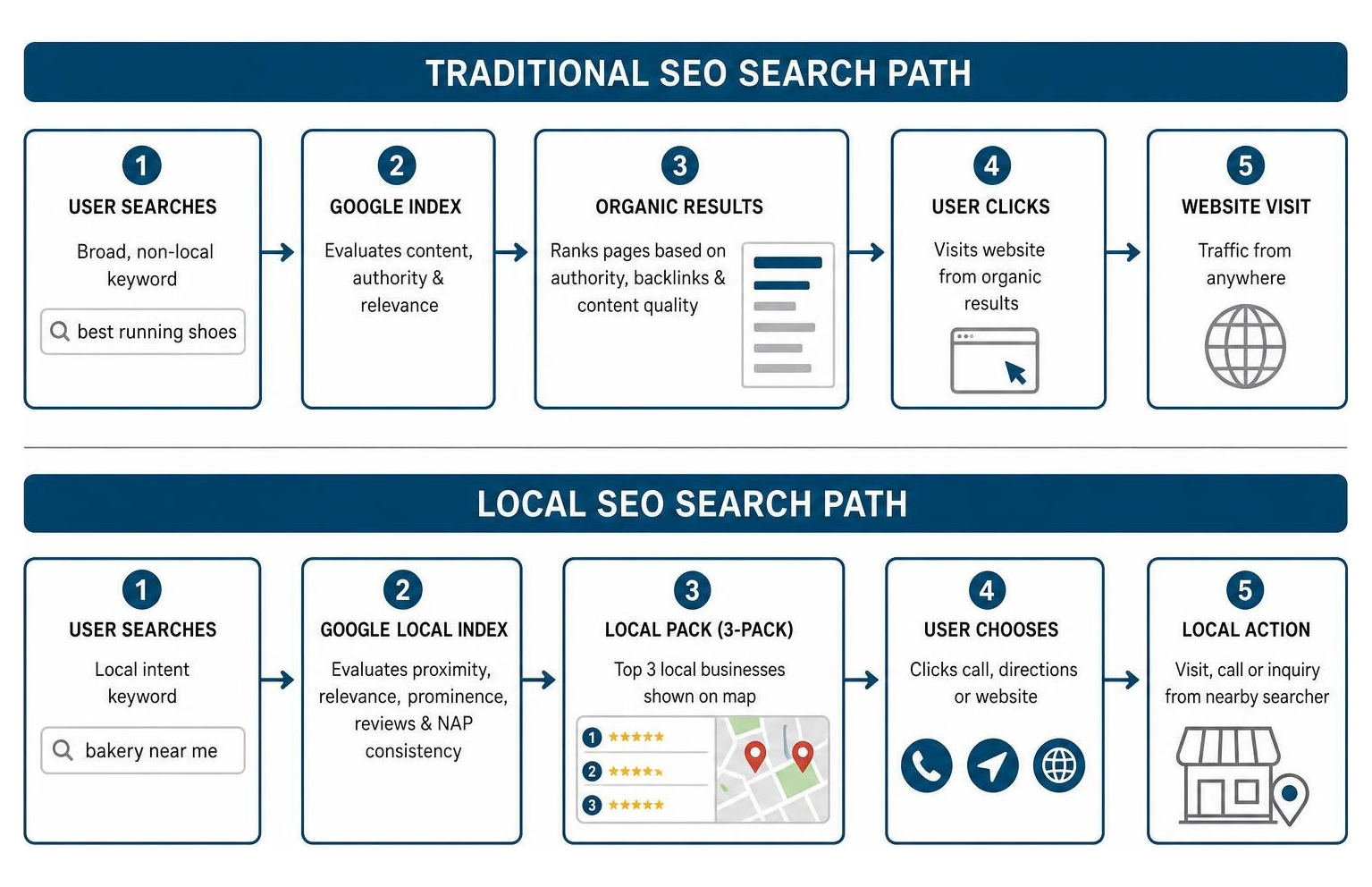 diagram of traditional SEO versus local SEO search paths diagram of traditional SEO versus local SEO search paths