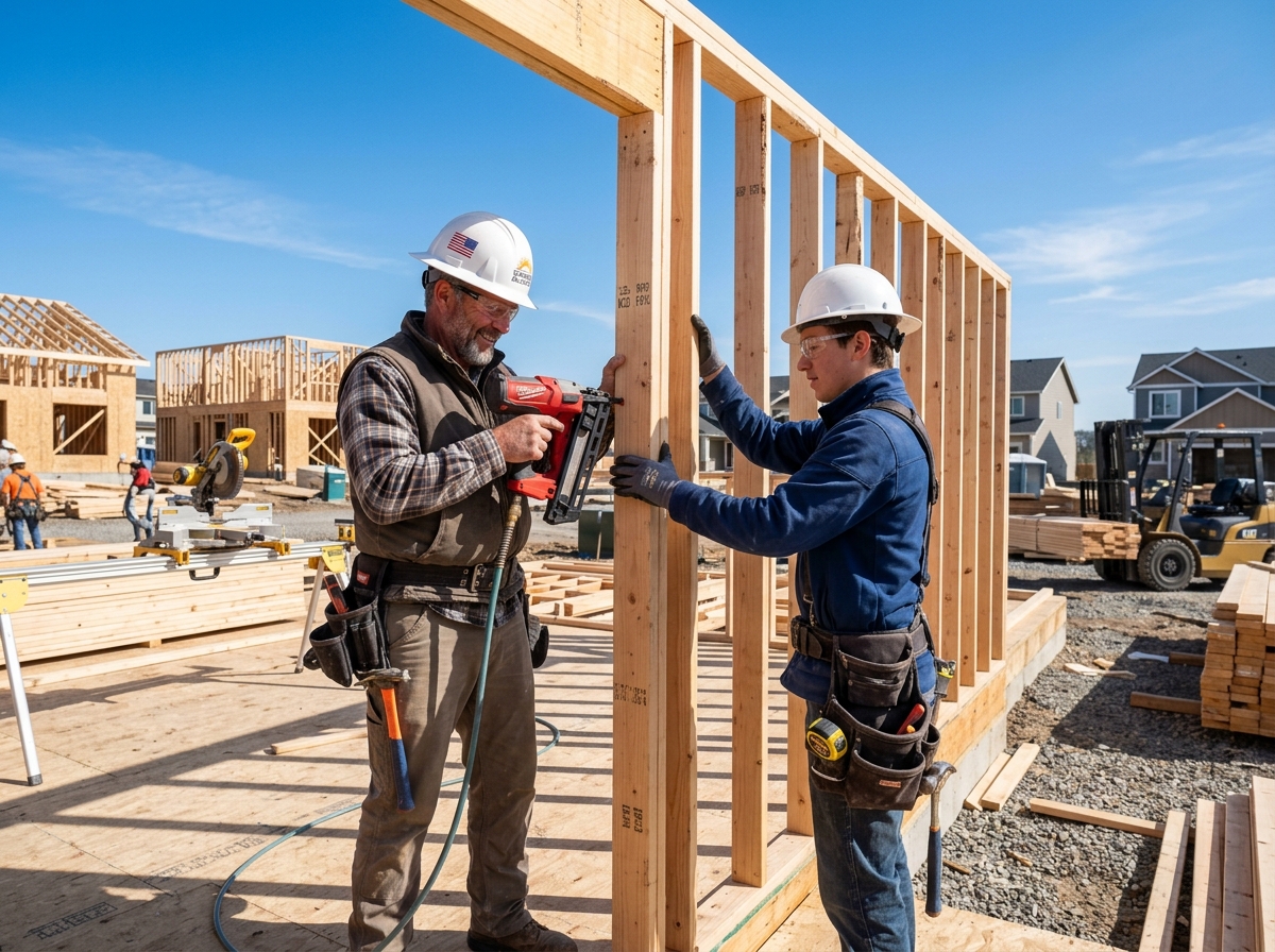 A framing helper assisting a lead carpenter with wall assembly on a sunny day - framing carpenter labor helper