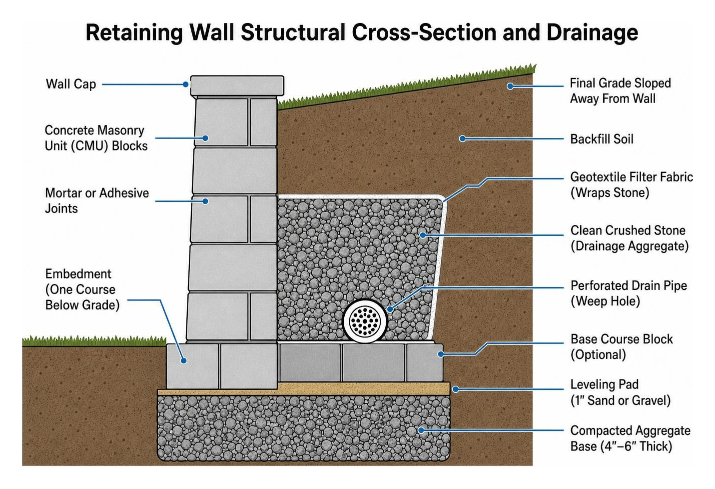 Retaining wall structural cross-section and drainage diagram Retaining wall structural cross-section and drainage diagram