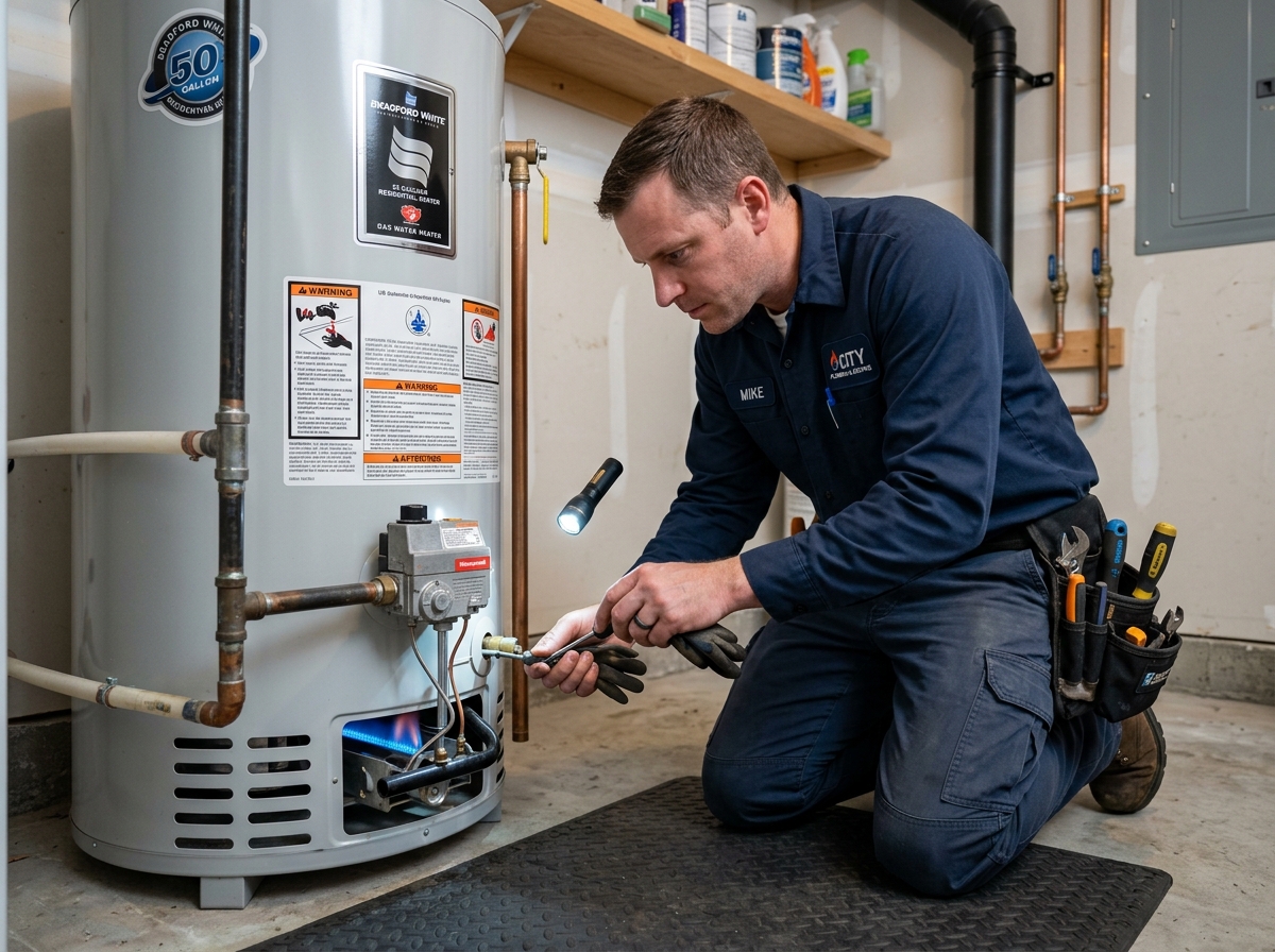 Technician inspecting a gas burner on a water heater - gas water heater problems Technician inspecting a gas burner on a water heater - gas water heater problems