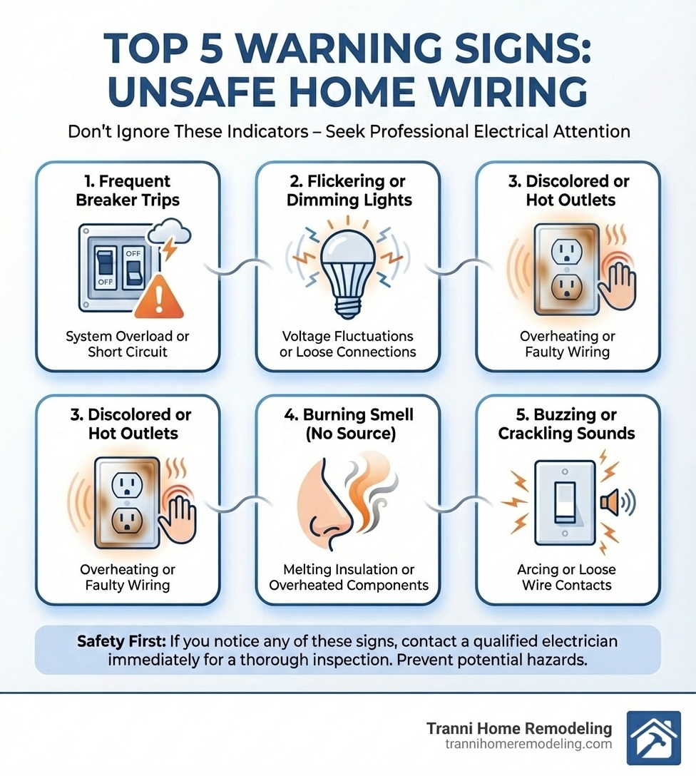 Infographic showing the top 5 warning signs of unsafe home wiring: frequent circuit breaker trips, flickering or dimming lights, discolored or hot outlet covers, burning smell with no obvious source, and buzzing or crackling sounds from outlets or switches - residential electrical service infographic 