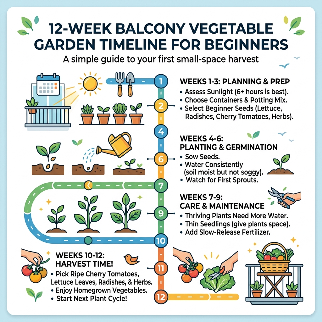 12-week balcony vegetable garden timeline for beginners infographic - balcony vegetable gardening for beginners infographic 