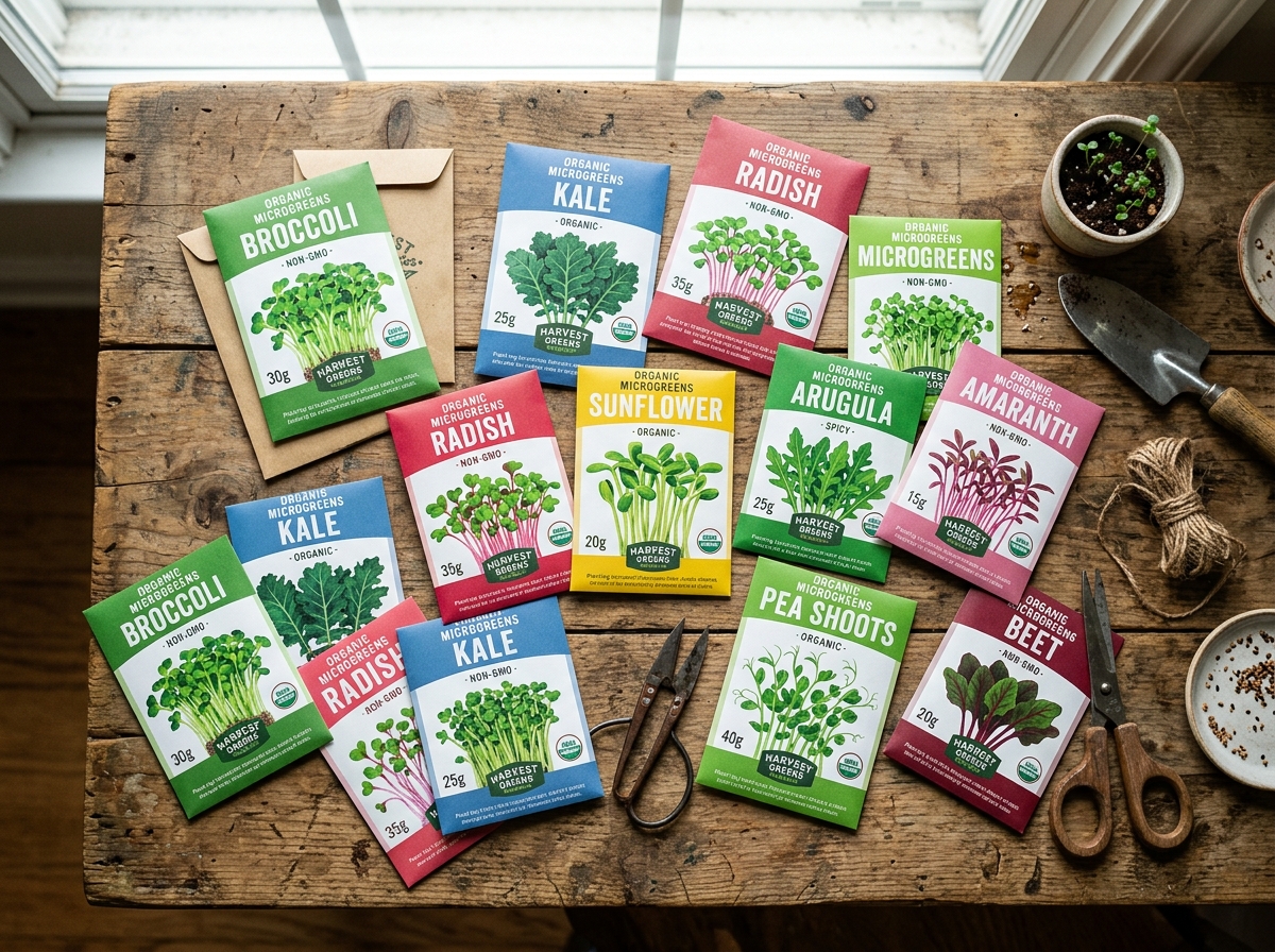 various organic microgreen seed packets on a wooden table - organic microgreens seeds various organic microgreen seed packets on a wooden table - organic microgreens seeds