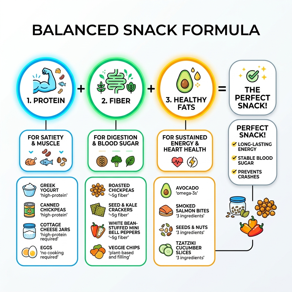 Balanced Snack Formula showing protein, fiber, and healthy fats with examples - healthy savoury snacks to make infographic Balanced Snack Formula showing protein, fiber, and healthy fats with examples - healthy savoury snacks to make infographic