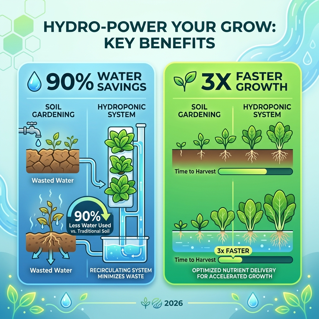 infographic showing 90% water savings and 3x faster growth in hydroponic systems - hydroponic wall system infographic 