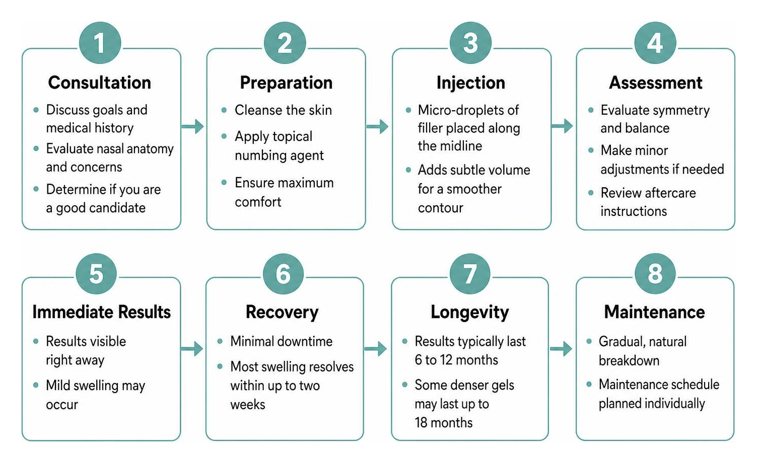 Process sequence for liquid rhinoplasty from consultation to final result