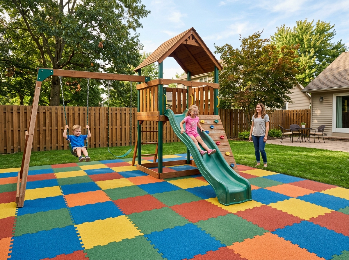 Interlocking rubber tiles in a backyard setting - playground flooring in Charlotte, NC