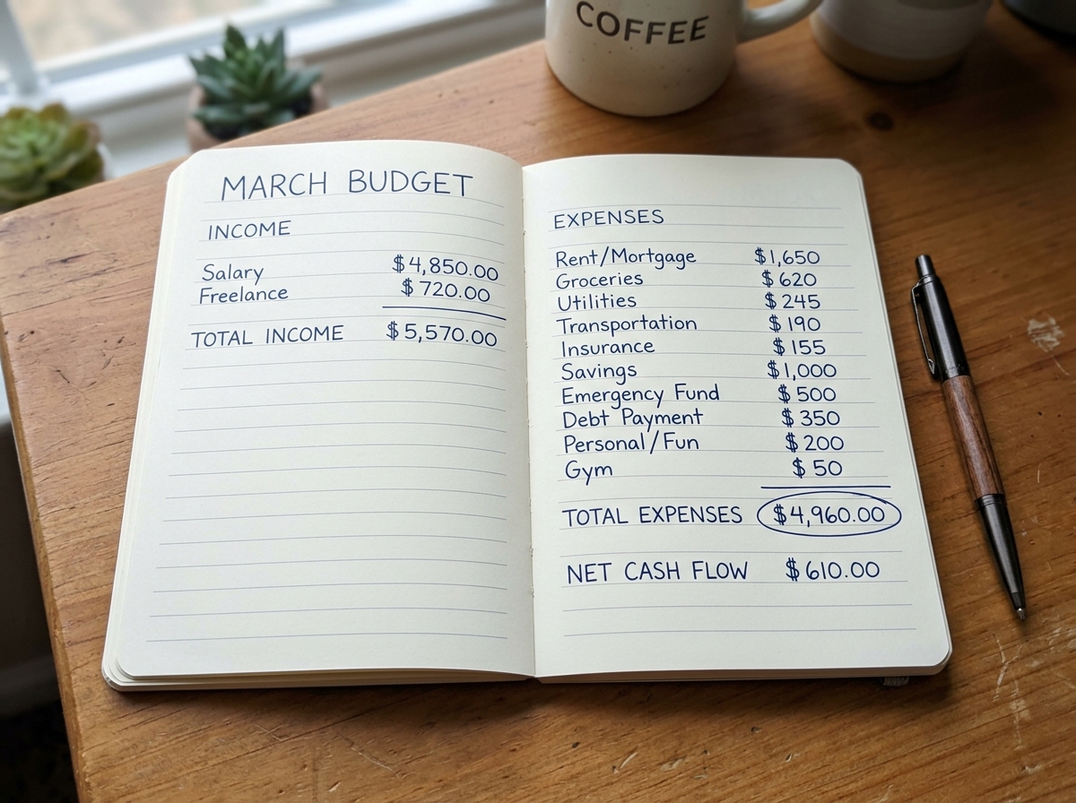 minimalist budget layout in a notebook showing monthly income and expenses - expense tracker notebook minimalist budget layout in a notebook showing monthly income and expenses - expense tracker notebook