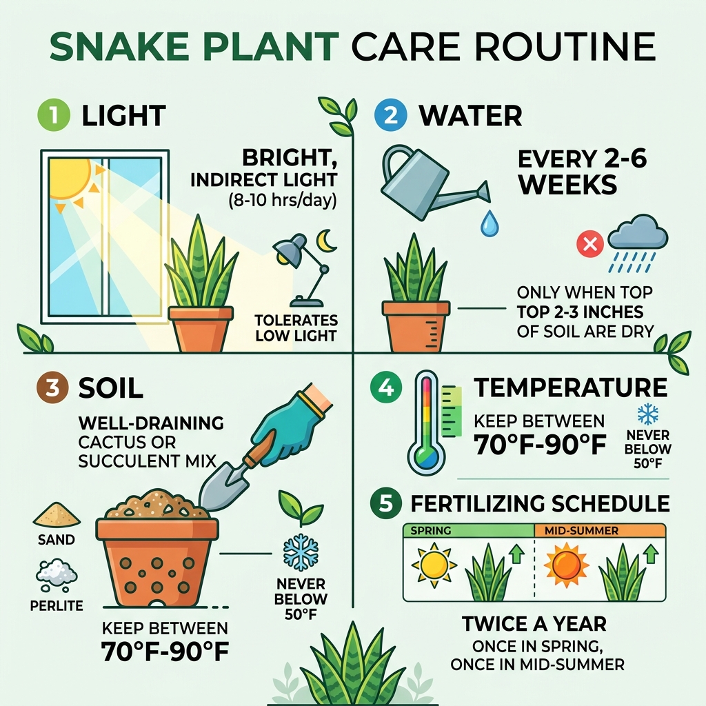 Snake plant care routine infographic: light, water, soil, temperature, and fertilizing schedule - snake plant care tips Snake plant care routine infographic: light, water, soil, temperature, and fertilizing schedule - snake plant care tips