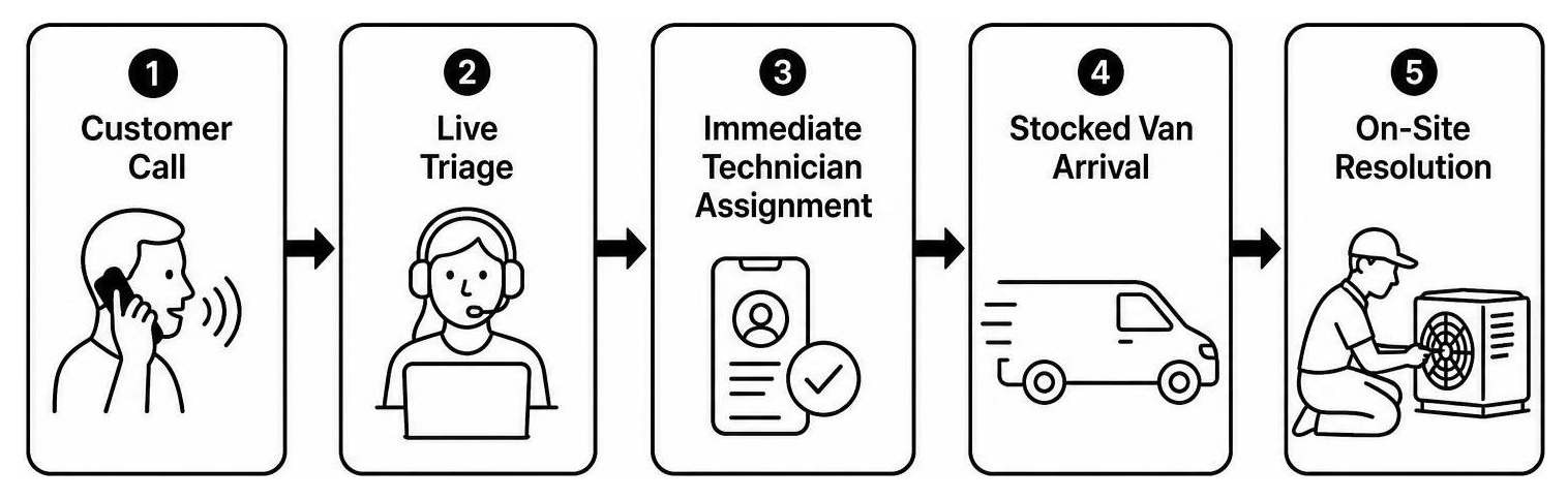 Emergency HVAC dispatch process diagram: customer call, live triage, immediate technician assignment, stocked van arrival Emergency HVAC dispatch process diagram: customer call, live triage, immediate technician assignment, stocked van arrival