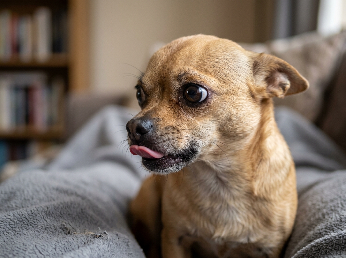 Small dog showing whale eye and lip licking as warning signs - aggressive small dog training tips