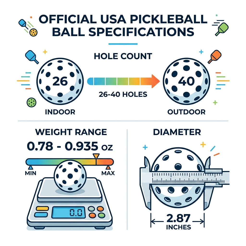 Official USA Pickleball ball specifications: holes 26-40, weight 0.78-0.935 oz, diameter 2.87 inches - best pickleball balls Official USA Pickleball ball specifications: holes 26-40, weight 0.78-0.935 oz, diameter 2.87 inches - best pickleball balls